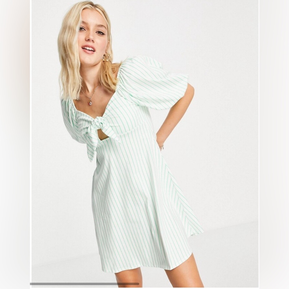 ASOS DESIGN Bow Front Mini Dress Green and White Stripe US 10